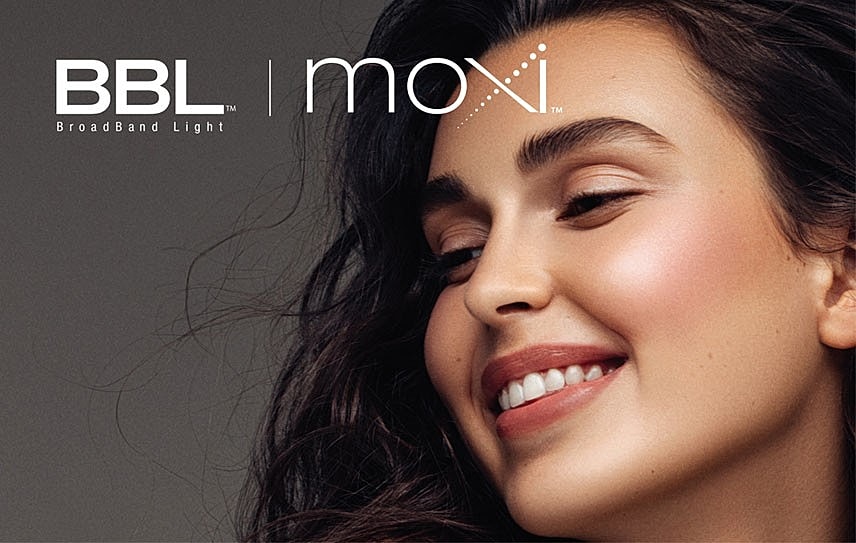 Smiling woman promoting BBL and Moxi treatments.