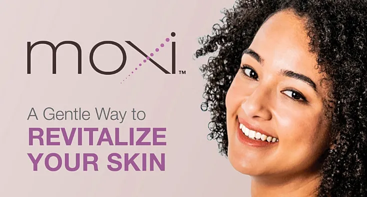 Smiling woman promoting skin rejuvenation product.