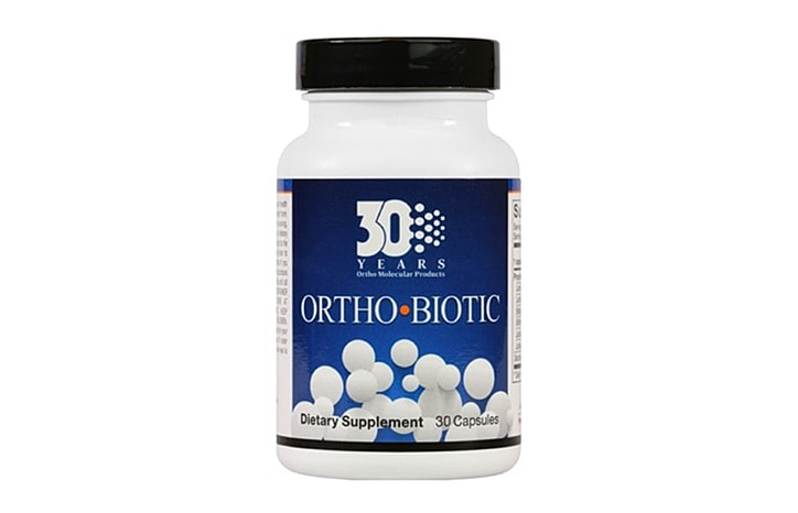 Orthobiotic dietary supplement bottle with capsules