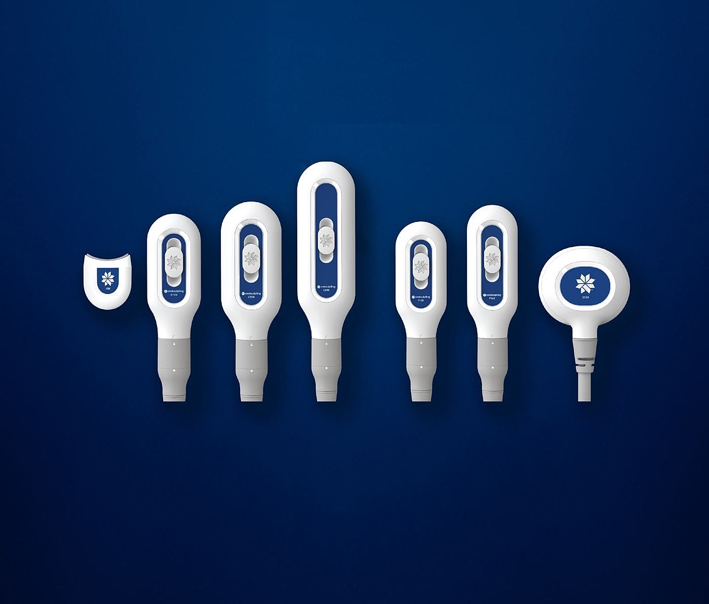 Various white ergonomic tools on a blue background.