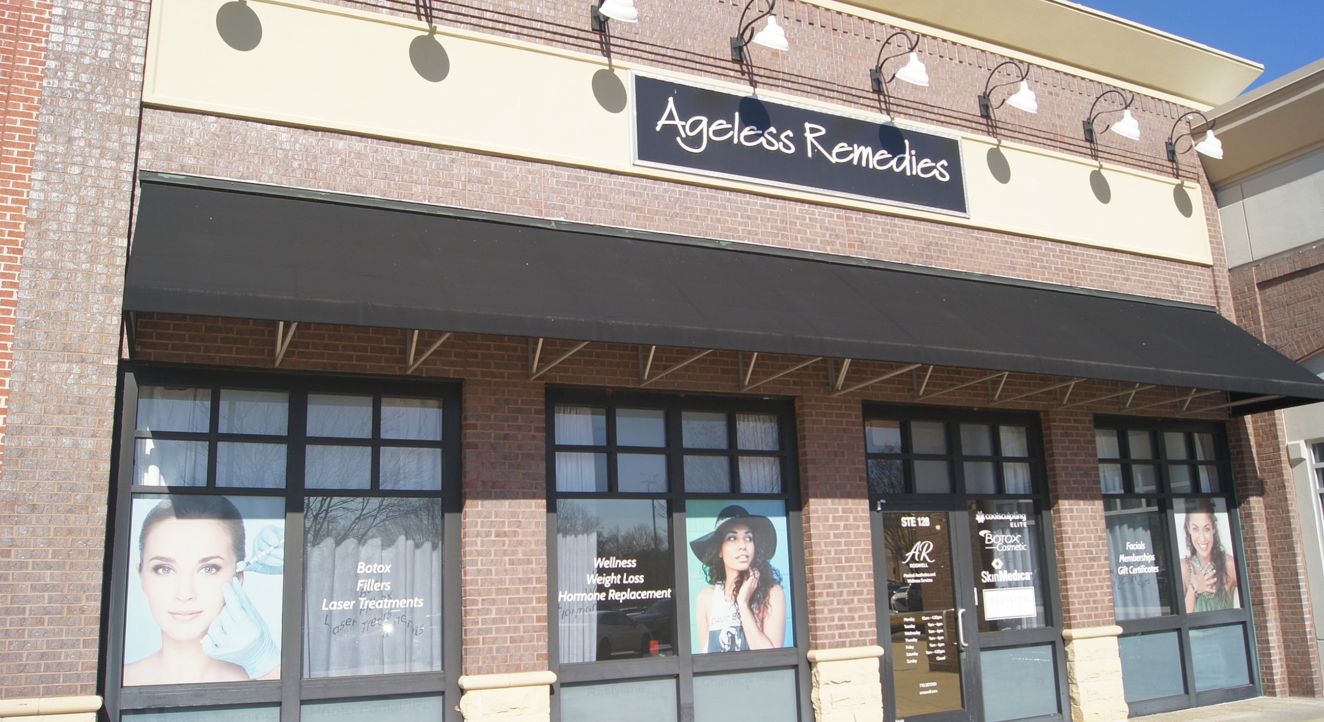 Ageless Remedies storefront with wellness and beauty services.