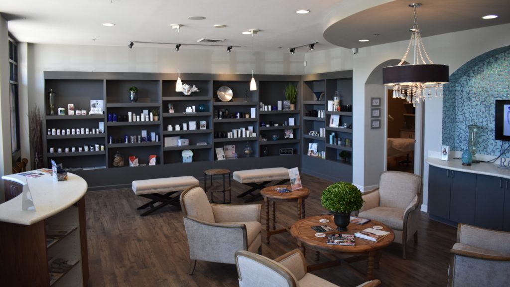 Waiting area and skincare products at Ageless Remedies of Roswell